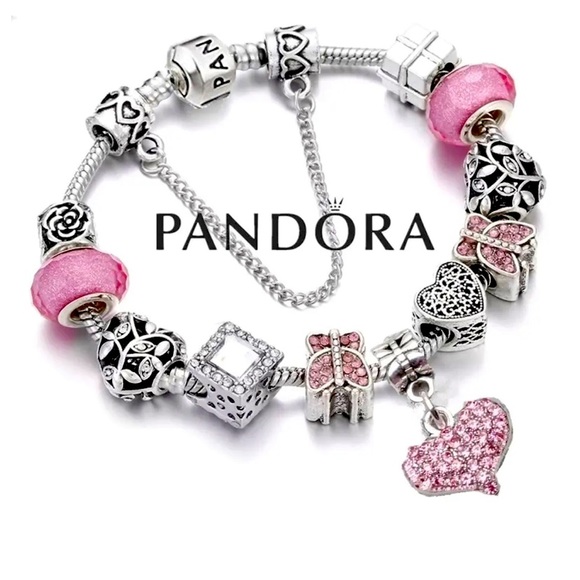 PANDORA S925 SNAKE CHAIN BRACELET WITH PINK LOVE HEART CHARMS - Picture 2 of 3